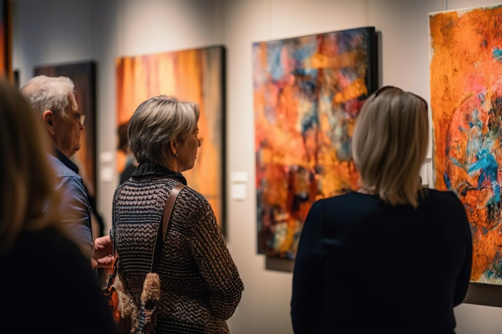 Group of people attend an art gallery with paintings. Ai generat